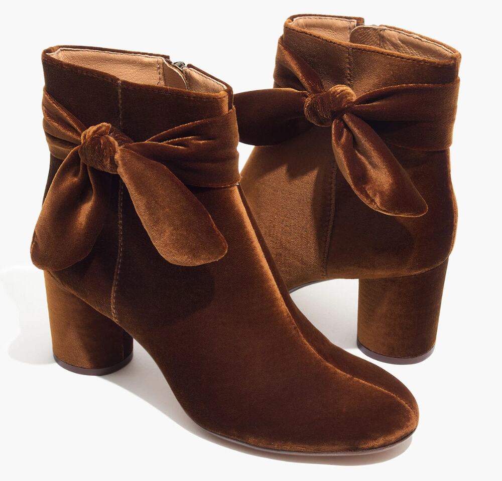 Madewell 'Esme' Women's 7.5 Velvet Bow Ankle Boot Brown Bootie Holiday